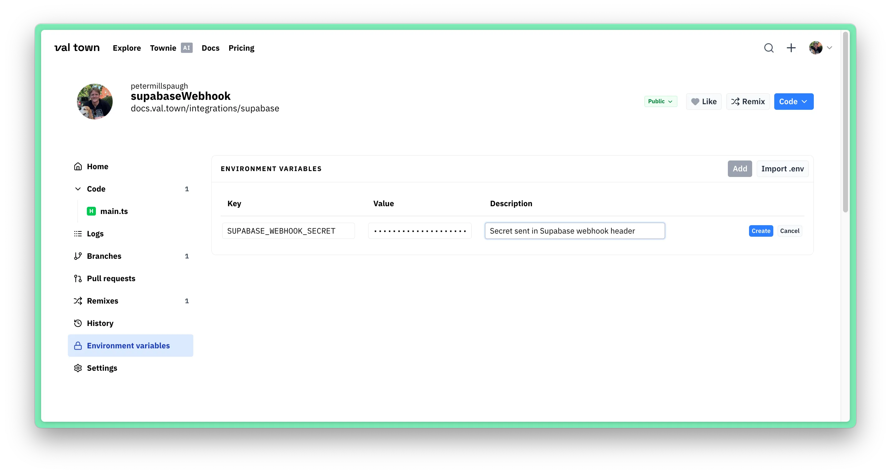 Val Town environment variable
